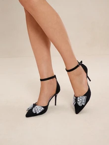 Etoivie 女士尖头高跟鞋，带水晶蝴蝶结单带，性感正式凉鞋，黑色 - 黑色 - 查看 1