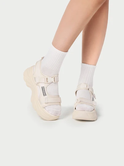 DareSee 女士夏季坡跟厚底运动凉鞋，魔术贴带字母图案休闲学生平底凉鞋