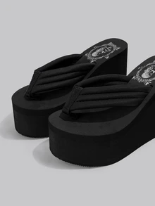 DareSee 时尚舒适的女士高跟厚底凉鞋，夏季音乐节拖鞋 - 黑色 - 查看 5