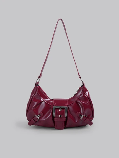 DareSee 1pc Vintage Milady Distressed Soft Leather Motorcycle Bag For Women, With Rivets, Snap Buttons, Pleats, Cloud Shape, Suitable For Shoulder, Crossbody Or Handheld, For Work, Commute, Date, Party, Etc., Crescent Shape, Fashionable Burgundy Color, Inspired By Red Bag , Burgundy Bag