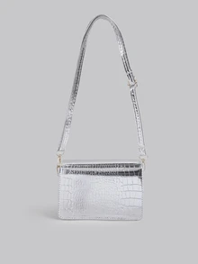 DareSee Mini Metallic Crocodile Embossed Flap Square Bag Silver , Funky, Punk & Bag For Street Wear - Silver - View 3
