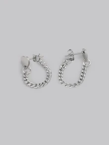 DareSee 1 Pair Of Stylish Charming Stainless Steel Replica Heart Shape Chain Earrings, Women's Daily Fashion Jewelry Accessories, Birthday Party Gift Valentines,Mom,Mother,Mother's Day,Gift - Silver - View 1