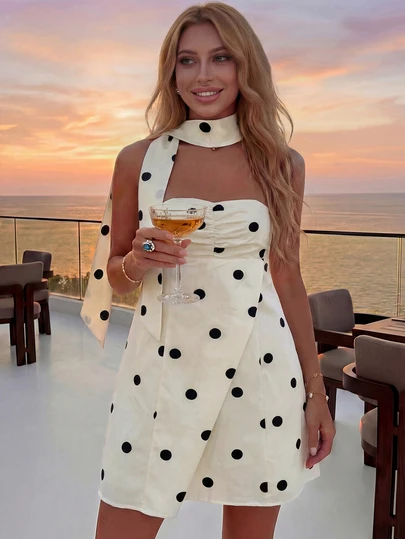 Elegant Women's Sleeveless, Strapless A-Line Mini Skirt, Black Polka Dot Pattern, Suitable For Summer Party/Vacation/Beach