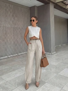 Women's Khaki High Waist Wide Leg Pants, Casual Pleated Hem Trousers, Elegant For Office, Work, Daily Wear, Vacation, Spring/Summer - Light Khaki - View 6