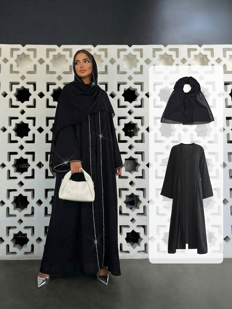 1 Set Solid Color Rhinestone Trim Decor Middle Eastern Luxury Minimalist Style Robe + Headscarf Set, Suitable For Indoor High-End Business Formal Occasions, Autumn/Winter - Classic Black - View 2