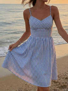 Women's Elegant Blue Plaid Backless A-Line Mini Dress, Sleeveless Halter Neck Dress For Date, Vacation, Beach - Blue - View 1