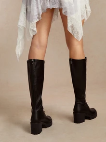 Tropiscape 女士时尚休闲舒适粗跟侧拉链及膝尖头马靴 - 黑色 - 查看 4