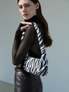 CHICVUE New Autumn/Winter Mini Fashionable Black & White Contrast Zebra Pattern Fluffy Shoulder Bag, Casual Tote Underarm Soft Fluffy Solid Color Handbag, New Arrival Fur Bag For Women Gifts - Black and White - View 3
