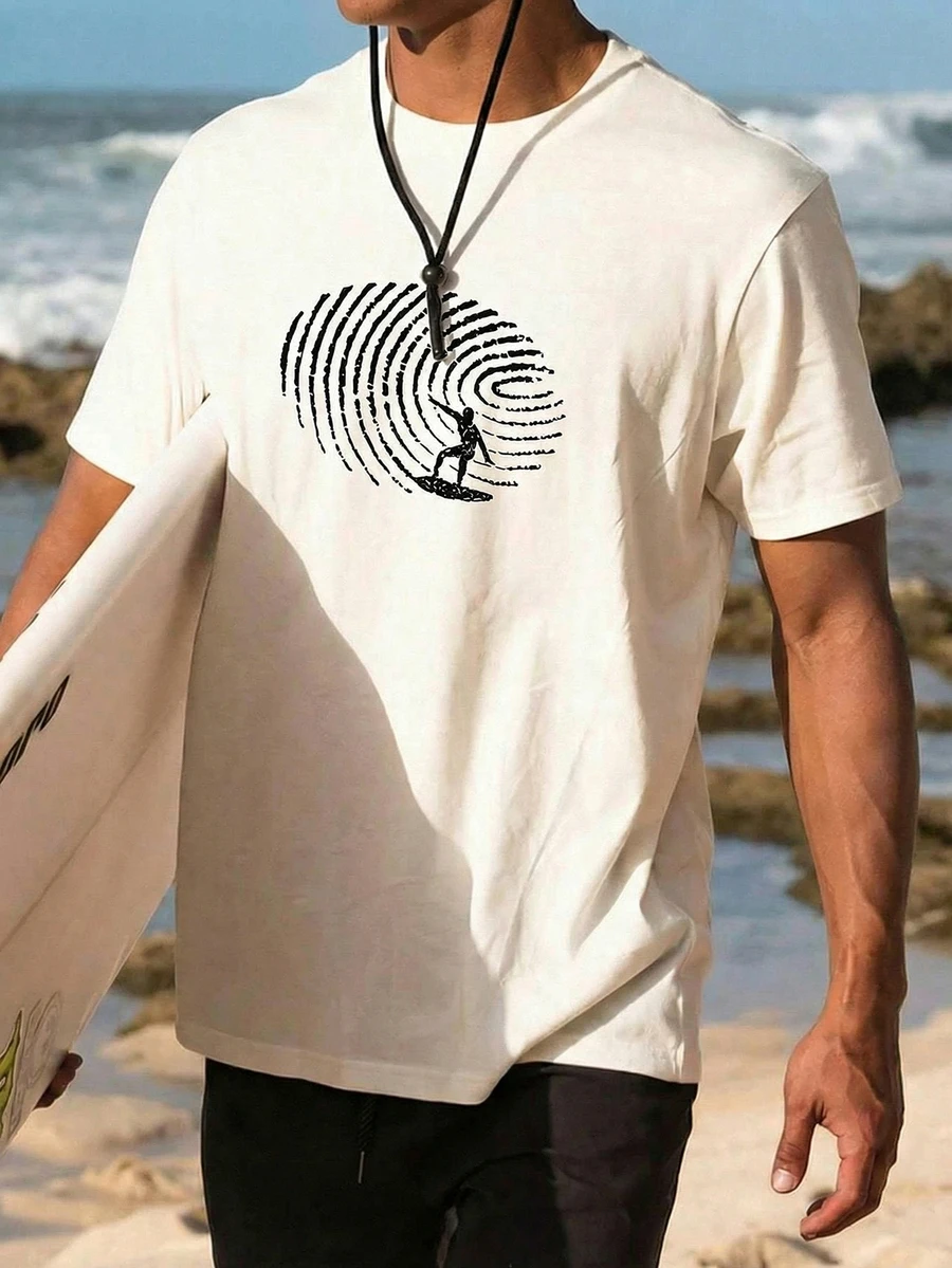 男士时尚沙滩指纹冲浪印花宽松休闲百搭短袖T恤 | 精致设计 | 夏季必备 | 时尚搭配 - 白色 - 查看 1