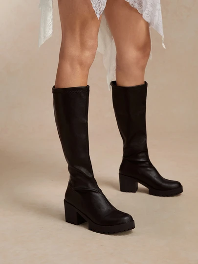 Tropiscape Women's Fashion Casual Comfortable Chunky Heel Side Zipper Knee-High Pointed Toe Riding Boots