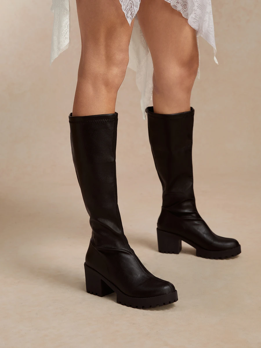 Tropiscape 女士时尚休闲舒适粗跟侧拉链及膝尖头马靴 - 黑色 - 查看 1