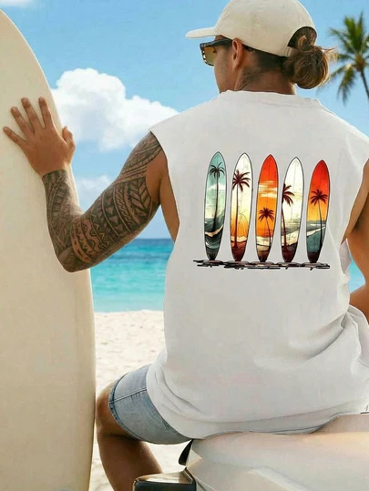 1pc Men's Summer Casual Loose Comfortable Versatile Round Neck Sleeveless Vest With Surfboard Print