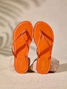 Tropiscape 时尚编织平底凉鞋 女士趾环拖鞋 沙滩 秋季 圣诞节 冬季 圣诞礼物 - 橘色 - 查看 1