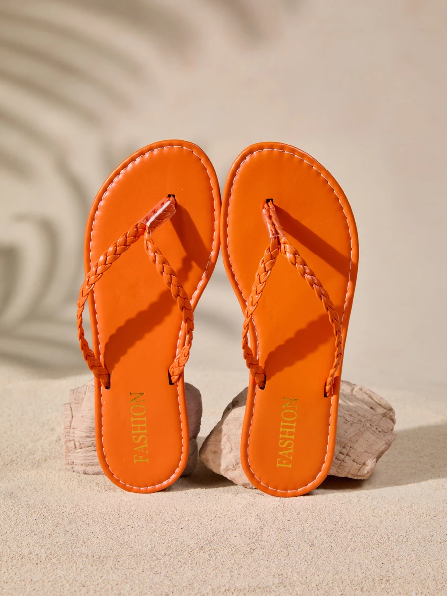 Tropiscape 时尚编织平底凉鞋 女士趾环拖鞋 沙滩 秋季 圣诞节 冬季 圣诞礼物 - 橘色 - 查看 1