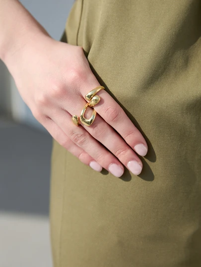 CHICVUE 2pcs/Set Fashionable Personalized Adjustable Stainless Steel Teardrop Open Ring For Women, Daily Wear