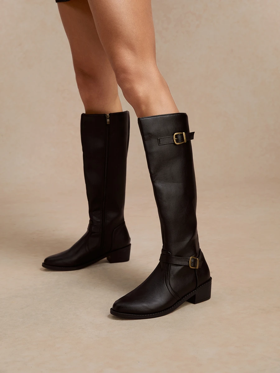 Tropiscape Women's Fashionable & Comfortable Chunky Heel High Knee Riding Boots With Inner Side Zipper, Pointed Toe Matching GO WITH Jeans Jeans - Black - View 1