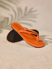 Tropiscape 时尚编织平底凉鞋 女士趾环拖鞋 沙滩 秋季 圣诞节 冬季 圣诞礼物 - 橘色 - 查看 5