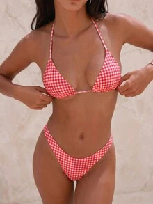 Women's Printed Fashionable Yellow Plaid Pattern Mini Triangle Bikini Set, Suitable For Summer Swimwear - Red - View 1