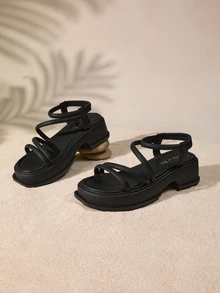 Tropiscape Giày sandal đế xuồng cao gót dày cho nữ, hàng mới về mùa hè, dép đi biển kiểu La Mã, phong cách Bohemia thư giãn, quà tặng mùa thu đông, phong cách Cottagecore, trang phục mùa hè. - màu đen - Xem 1