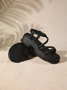 Tropiscape Giày sandal đế xuồng cao gót dày cho nữ, hàng mới về mùa hè, dép đi biển kiểu La Mã, phong cách Bohemia thư giãn, quà tặng mùa thu đông, phong cách Cottagecore, trang phục mùa hè. - màu đen - Xem 2