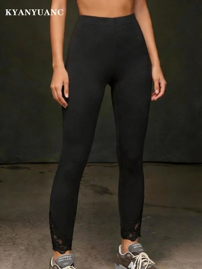 女士紧身打底裤，时尚休闲，舒适百搭，高弹力，日常弹性腰带，修身剪裁，黑色紧身裤，简约风格，女士下装，工作裤，七分裤，户外，教师，机场，欧洲夏季