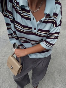 SEREN 夏季新款宽松休闲复古短袖 Polo 衫，女士针织条纹衬衫，夏季度假装 - 彩色 - 查看 6