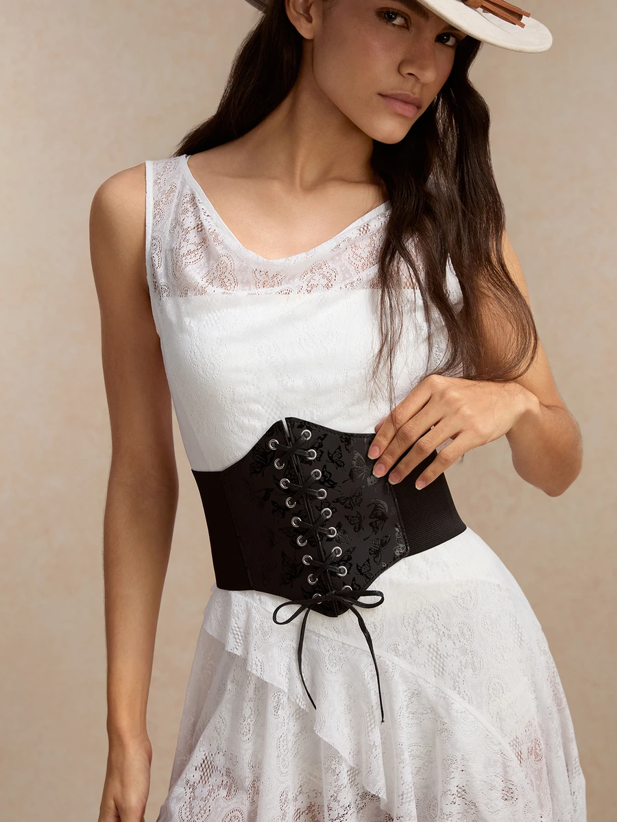 Tropiscape Women's Elastic Waistband With Butterfly Decorative Buckle, Belt Wide Tie Waist Strap, Fashion Accessory For Shirt Dress Waist Trainer Women Corset Belt Accessories For Ladies For Dress Western Cowboy Cowgirl Country Wear Vintage Black Belt Women Corset Belt For Dress,Waist Trainer Waist-Shaping For Waist Slimming And Tummy Control Gifts - Black - View 1