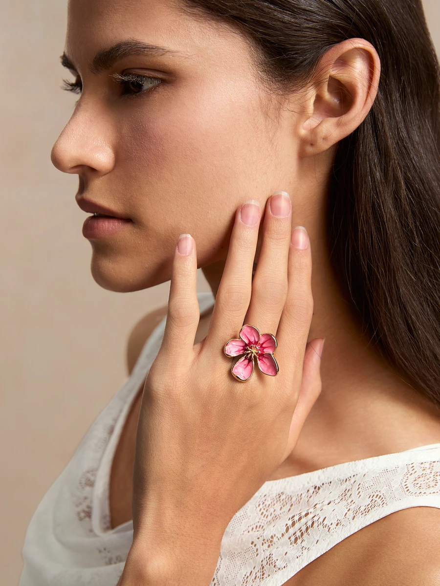 Tropiscape 1pc Fashionable Retro Versatile Beach Vacation Dopamine Handmade Tie Dye Pink Plumeria Ring For Women - Pink - View 1