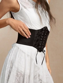 Tropiscape Women's Elastic Waistband With Butterfly Decorative Buckle, Belt Wide Tie Waist Strap, Fashion Accessory For Shirt Dress Waist Trainer Women Corset Belt Accessories For Ladies For Dress Western Cowboy Cowgirl Country Wear Vintage Black Belt Women Corset Belt For Dress,Waist Trainer Waist-Shaping For Waist Slimming And Tummy Control Gifts - Black - View 5