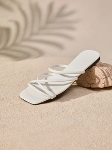 Tropiscape 女士方头交叉绑带平底凉鞋，简约设计，适合夏季海滩穿着，秋季圣诞节冬季圣诞节礼物 - 白色 - 查看 7