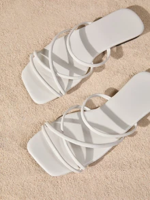 Tropiscape 女士方头交叉绑带平底凉鞋，简约设计，适合夏季海滩穿着，秋季圣诞节冬季圣诞节礼物 - 白色 - 查看 4