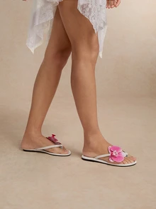 Tropiscape Women's Flat Sandals, European And American Plus Size, T-Strap Round Toe Flats, Pink Faux Floral Decor, Casual Fashionable Holiday Minimalist Slip-On Flip Flops - Pink - View 3