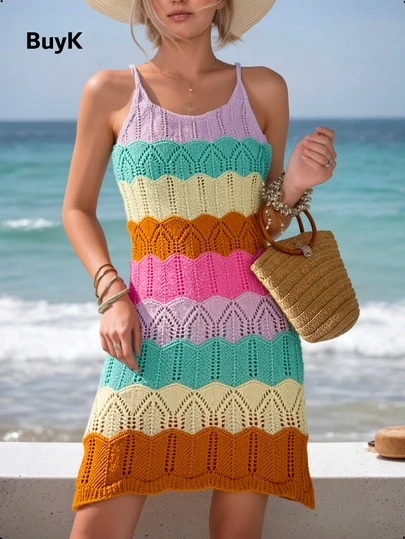 BuyK [Top] Vestido de tirantes de mujer con bloqueo de color de ganchillo, conjunto de playa de punto calado con arcoíris, estilo bohemio sin mangas para vacaciones de verano