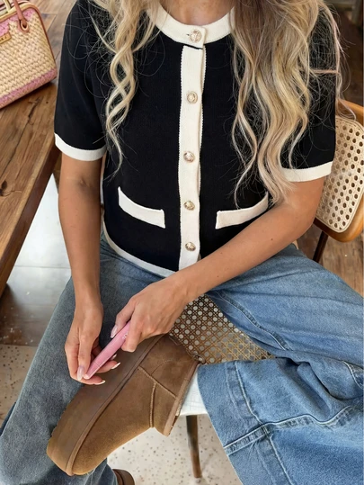 MORI Contrast Color Round Neck Short Sleeve Knit Cardigan For Women, Spring/Summer New Fashionable Elegant Minimalist Black Office/Casual Loose Comfortable Summer Jacket Top