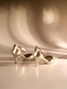 Etoivie Gold Sequined Stiletto With Ankle Strap And Pointed Toe, High Heels With Hollow Out Design For Women's Spring And Autumn Outfit, Fashionable - Gold - View 2