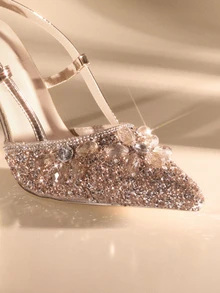 Etoivie 优雅女士高跟凉鞋，时尚休闲舒适，带导向轨道鞋跟垫，适合户外活动，纯色亮面玻璃鞋跟，时尚休闲户外首选女士高跟鞋，户外派对纯色性感百搭优雅派对婚礼魅力TPU热压细高跟沙滩假日婚礼派对户外四季婚礼 - 香檳色 - 查看 5