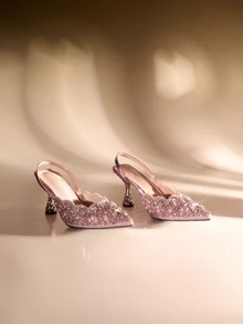 Etoivie 秋冬粉色弹力带后跟镶钻女士凉鞋，尖头露跟方跟高跟鞋，独特设计，优雅，适合派对和婚礼穿着 - 粉色 - 查看 1