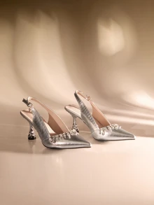 Etoivie Fall/Winter Pointed Toe High-Heeled Shoes With Open Back,Elegant,Party - Silver - View 1