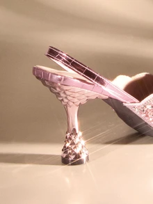 Etoivie 秋冬粉色弹力带后跟镶钻女士凉鞋，尖头露跟方跟高跟鞋，独特设计，优雅，适合派对和婚礼穿着 - 粉色 - 查看 4