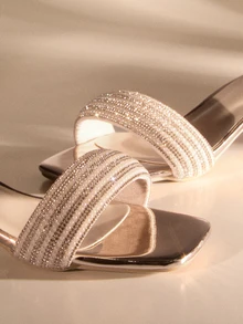 Etoivie Women Rhinestone Decor Sculptural Heeled Sandals, Glamorous Open Toe Mule Sandals Valentines,Kitten Heels Wedding Wedding Halloween - Champagne - View 5