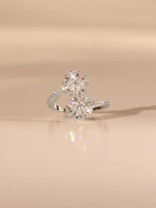 Etoivie 1pc Elegant Flower Ring For Women Cubic Zirconia Openning Flower Ring Wedding Jewelry - Silver - View 1