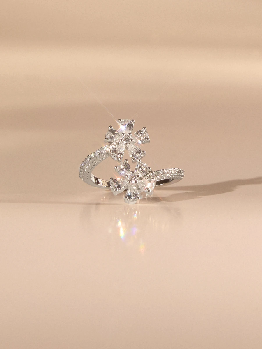 Etoivie 1pc Elegant Flower Ring For Women Cubic Zirconia Openning Flower Ring Wedding Jewelry - Silver - View 1