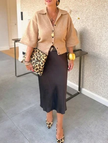 FOR BEAUTY Spring/Summer New Brown Lapel Loose Half Sleeve Knit Cardigan, Women's Fashion Elegant Minimalist Casual Lazy Outerwear Top - Brown - View 2