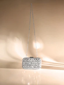 Luxury Silver Rhinestone Embellished Evening Clutch, Featuring Irregularly Shaped Large Crystals Randomly Distributed, Square, Shiny, Versatile, Made Of Textured Acrylic Material, Detachable Chain Strap And Crystal Clasp, Elegant And Sophisticated, Suitable For Parties And Gatherings. Wedding Wedding - Silver - View 6