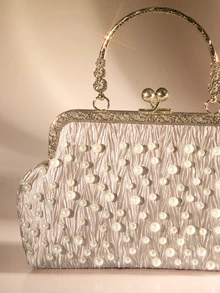 Etoivie 2024年新款春秋時尚帶珠飾、摺皺工藝貝殼包,簡約鏈條可攜式斜跨包 - 卡其色 - 查看 5