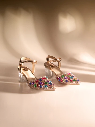 Etoivie 女式细高跟鞋，带水钻装饰，尖头，舒适一脚蹬，百搭正式舞会鞋，镂空优雅鞋头套，水钻点缀，适合春夏季