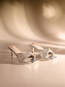 Etoivie Women's Metallic Rhinestone Stiletto High Heel Mules, New 2025 Pink Slip-On High Heel Sandals - Silver - View 1