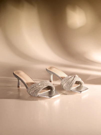 Etoivie 女士金属水钻细高跟穆勒鞋，2025 年新款粉色一脚蹬高跟凉鞋