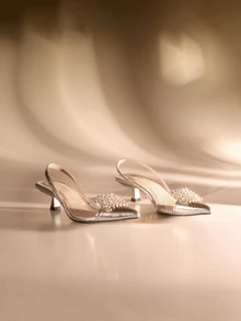 Etoivie 2025秋冬季女士魅力高跟鞋，金属水钻装饰尖头金字塔跟露跟高跟鞋，优雅迷人，猫跟设计，适合派对、婚礼等场合。 - 金色 - 查看 1