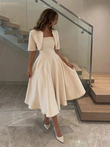 2件套优雅休闲简约通勤办公日常连衣裙套装，女士春夏款 - 杏色 - 查看 7